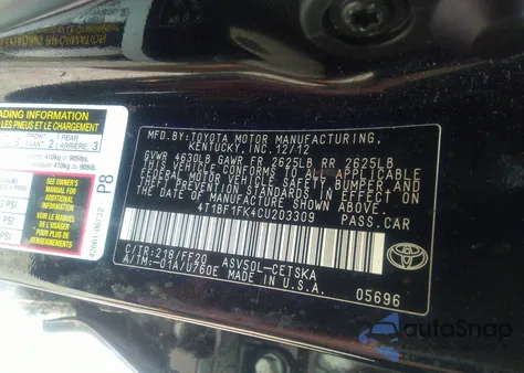 2012 Toyota Camry Se Limited Edition из США, поврежденный, VIN 4T1BF1FK4CU203309